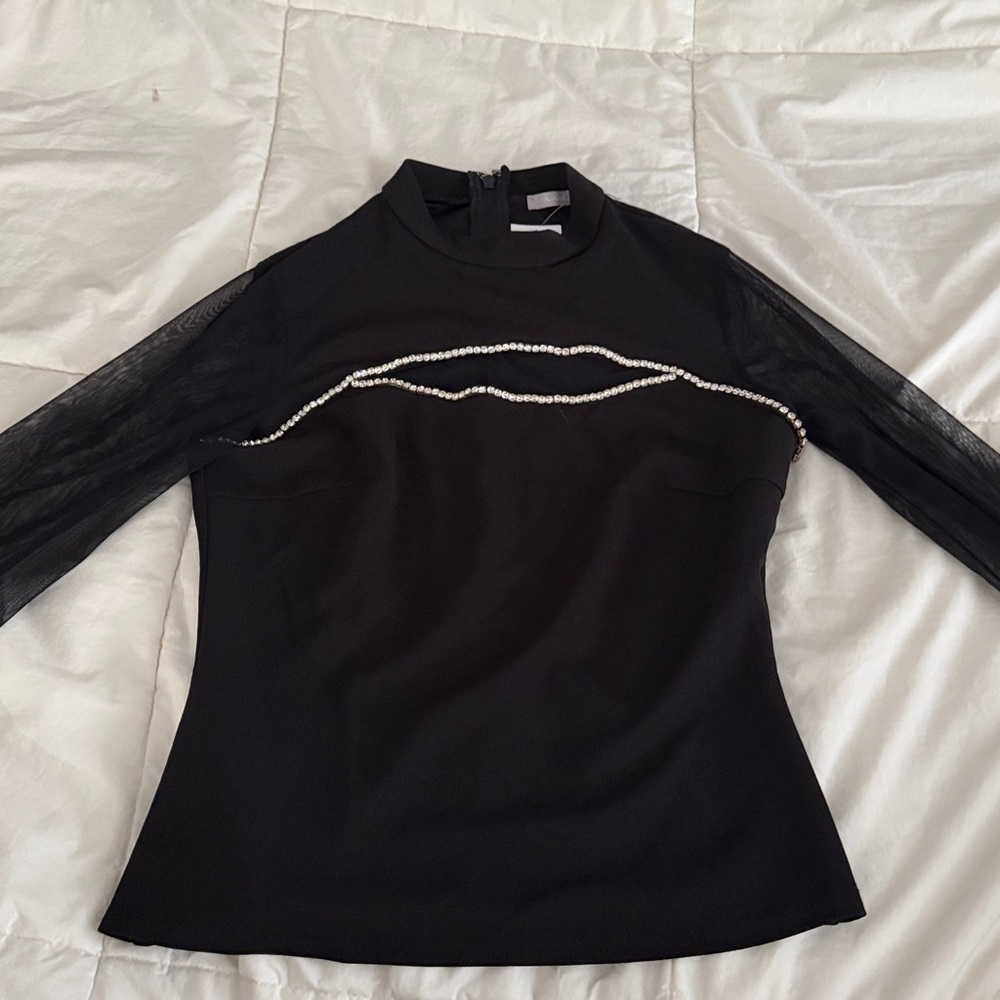 Black Long-Sleeve Embellished Mesh Top - Women